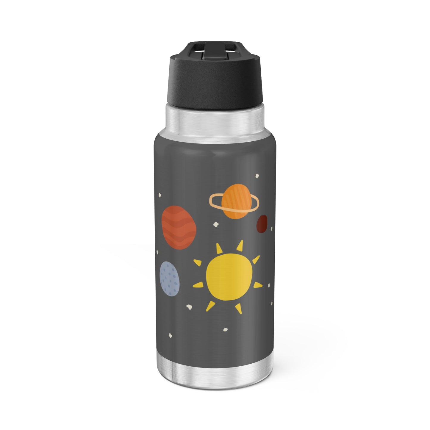 Vibrant space-themed water bottle featuring planets and sun, double insulated and leak proof for hydration on the go.