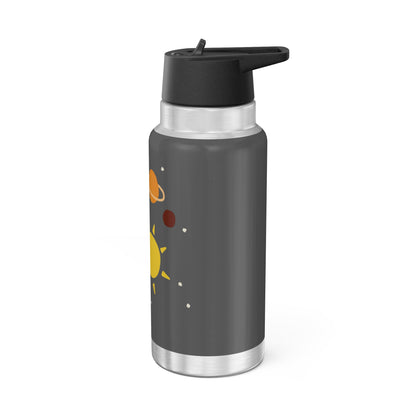 Vibrant space water bottle with solar system design, double insulated and leak proof, perfect for space lovers.