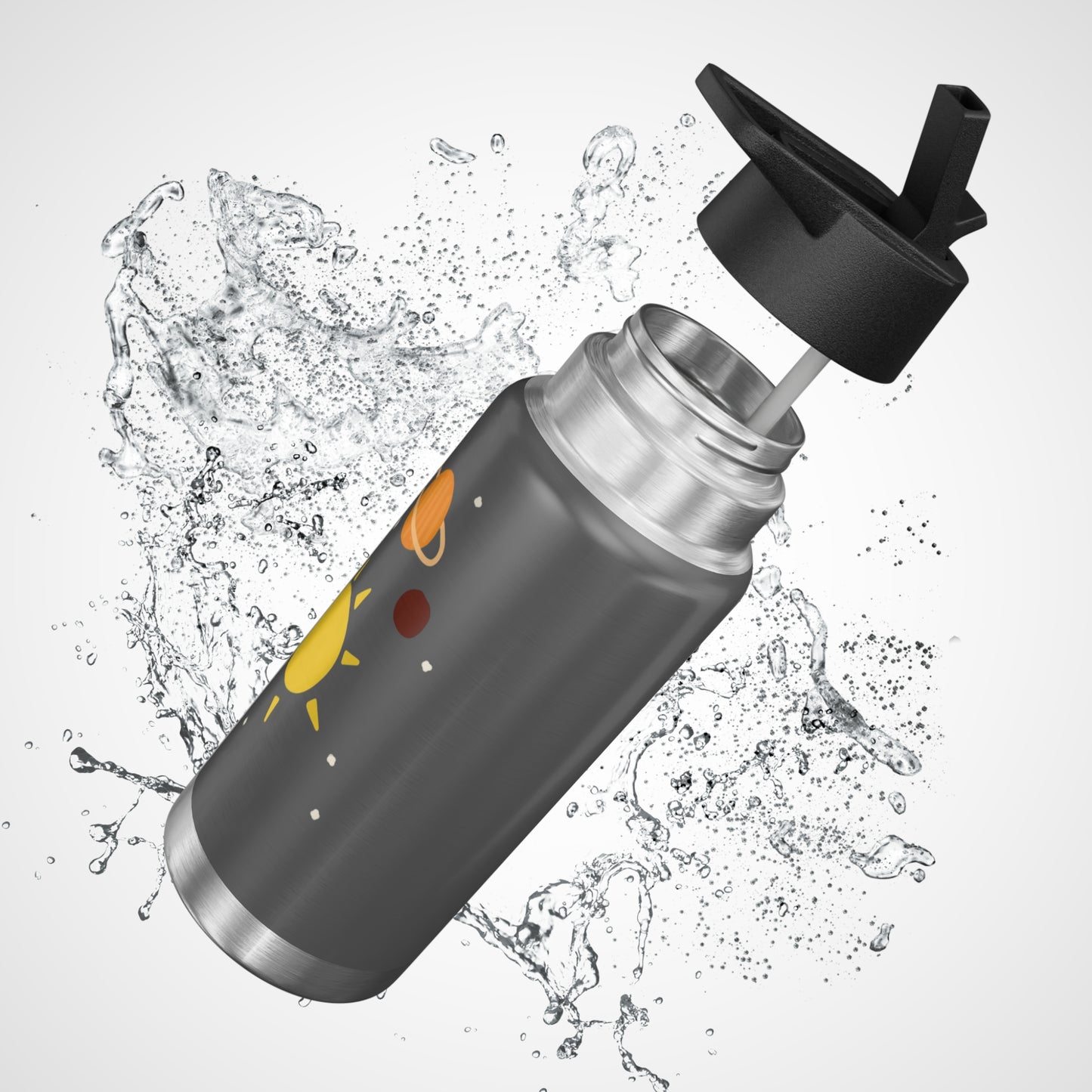 Vibrant space water bottle with a leak-proof cap and colorful designs, splashing water in the background.