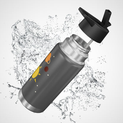 Vibrant space water bottle with a leak-proof cap and colorful designs, splashing water in the background.